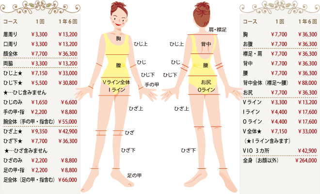 脱毛のコースと料金