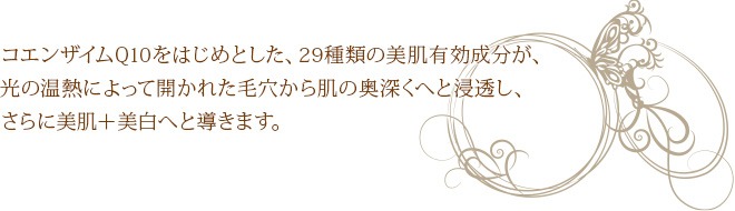 コエンザイムQ10をはじめとした、29種類の美肌有効成分が、光の温熱によって開かれた毛穴から肌の奥深くへと浸透し、さらに美肌＋美白へと導きます。